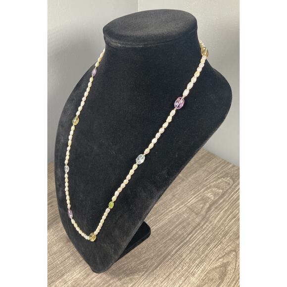 Baroque Fresh Water Rice Pearl Strand Necklace Semi Precious Stones 28.5” - Picture 3 of 9